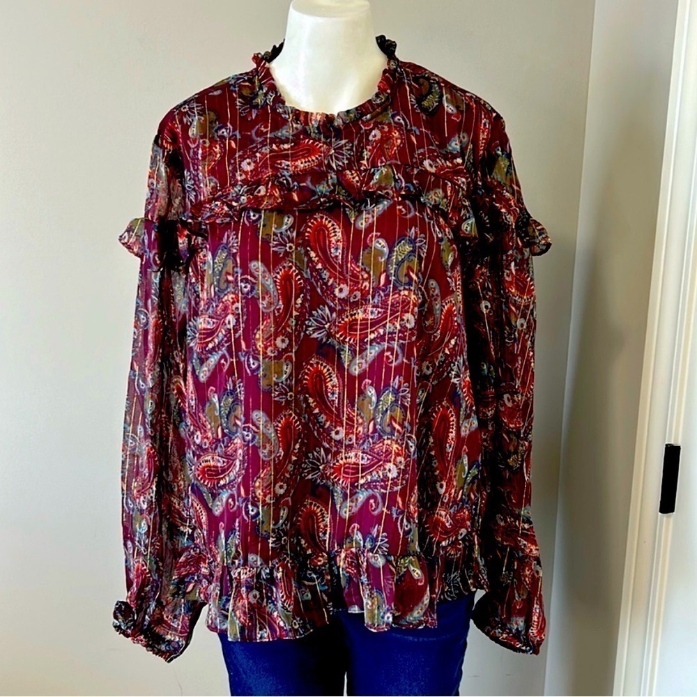 ModCloth Moon Orchid Paisley Pattern Sheer Long Sleeves Ruffle Accents Small NWT